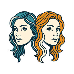 Hand-drawn Gemini zodiac sign illustration with twin female faces, elegant lines, and vintage hair colors. Perfect for astrology, horoscope, and mystical art themes. Part of set.
