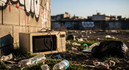 Abandoned microwave oven amidst litter in urban graffiti setting  