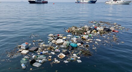Ocean pollution with plastic waste floating on water surface  