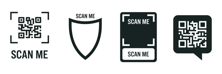 QR Code Set with Scan Me Text – Vector Template Featuring Multiple Frames and Icons for QR Code Scanning, Modern Digital Design and User Interaction Elements