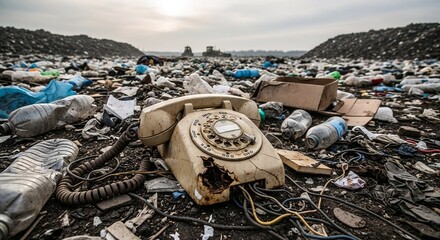 Vintage telephone discarded among litter in a landfill site  
