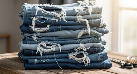 Stacked ripped denim jeans on wooden table in bright interior