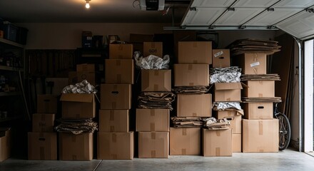 Piled cardboard boxes stacked neatly in a garage setting  