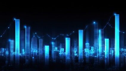 A digital graph with blue vertical bars, set against a blurred cityscape with bokeh lights, suggesting data analysis