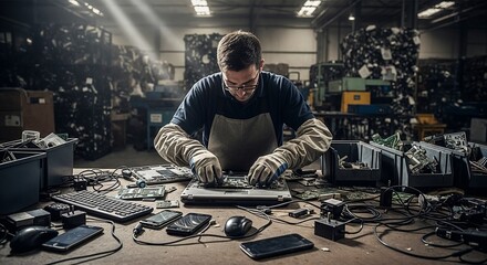 Man repairing electronic devices on table in workshop environment  