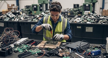 Technician repairing electronic circuit board in recycling facility  