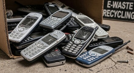 Pile of old mobile phones in cardboard box for e-waste recycling  