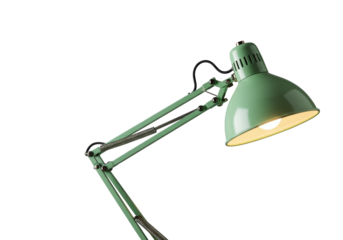 A sleek, modern light green desk lamp with a flexible articulated arm, multi-axis joints, and coiled springs, soft glow, isolated on a transparent background, concept of industrial design and
