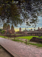 Walk path lane on a beautiful ruins landscape in Ayutthaya