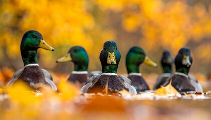 Mallard ducks in autumn foliage.  A group of mallard ducks, heads and necks prominent,  rest amidst fallen, vibrant yellow and orange leaves.  Blurred autumnal background