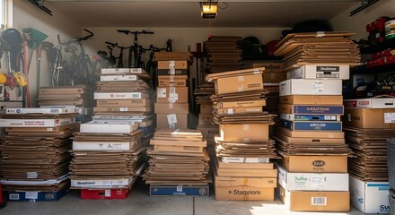 Stacked cardboard boxes in a garage with bicycles and tools  