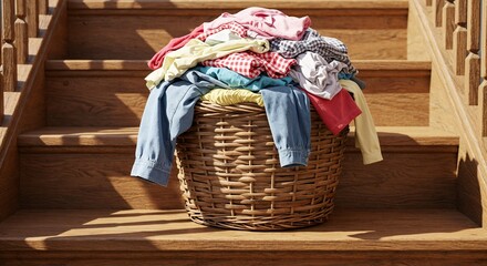 Laundry basket filled with with donated colorful clothes on wooden stairs  