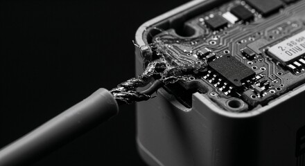 Circuit board connection with wires in closeup black background  