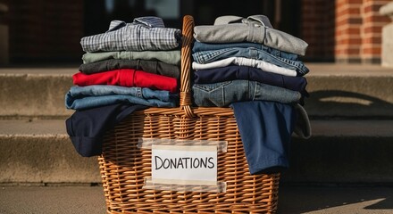 Wicker basket filled with donated clothes on steps with sign  