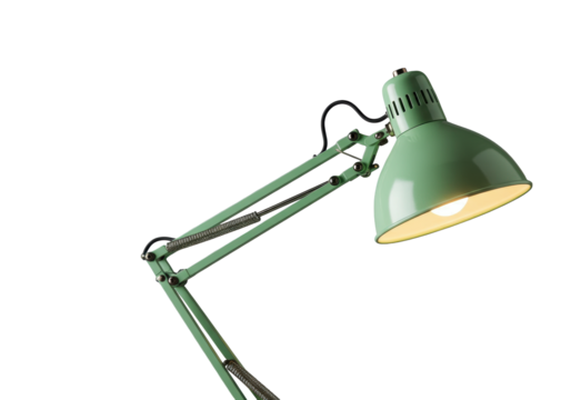 A sleek, modern light green desk lamp with a flexible articulated arm, multi-axis joints, and coiled springs, soft glow, isolated on a transparent background, concept of industrial design and