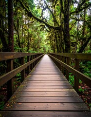 Lush forest path.  Wooden boardwalk through a dense canopy of moss-draped trees.  Perspective leads viewer deep into the woods