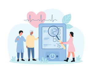 Arterial hypertension, cardiovascular system checkup vector illustration. Cartoon tiny doctors measuring blood pressure of patient using electronic device, people check readings with magnifying glass