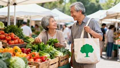 Senior couple shopping for fresh vegetables at an outdoor farmers market on a sunny day