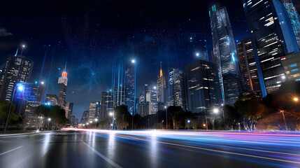 Fototapeta premium Dynamic night skyline filled with high-rise towers, holographic billboards and shimmering streetlights, representing a smart city of the future, with copy space