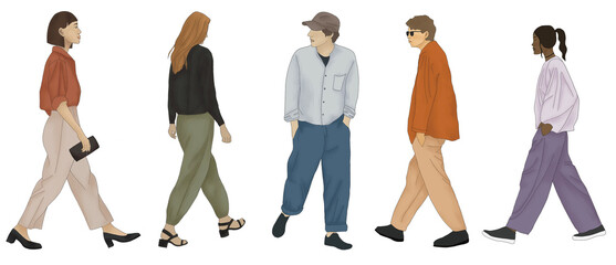 Architectural people/ character in elevation view - 2D- transparent png- walking men and women- Stylish and fashionable people- colorful