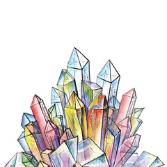 Watercolor crystals breaking out of the frame. Creative composition, escaping the border on white background.