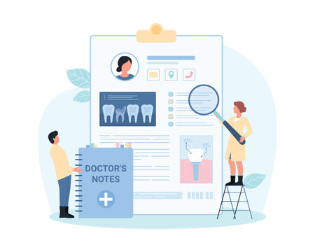 Digital medical card of patient, dentistry vector illustration. Cartoon tiny dentists with magnifying glass and notepad for doctors notes examine personal online data of patient on appointment - Powered by Adobe
