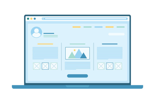 Dashboard design, mobile wireframe development vector illustration. Cartoon isolated responsive website prototype on laptop desktop, programming interface with layout of images and digital content