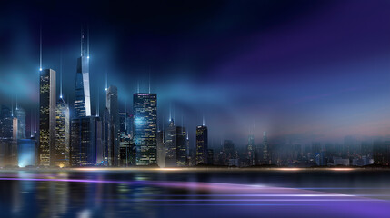 Fototapeta premium Night cityscape rendered in soft gradient lighting, digital art style showing harmony between architecture and technology, with copy space