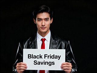 Confident man in formal attire holding a sign with text "Black Friday Savings" against a dark background