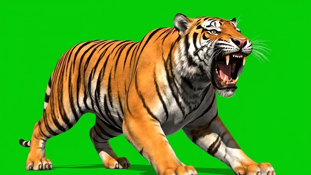Tiger Roaring Animation Sequence on Green Screen Background for Animal and Wildlife Projects, Animated Tiger on Green Screen for VFX, Motion