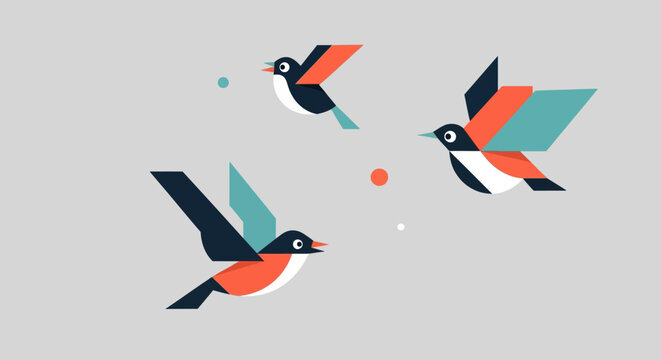 Three stylized geometric birds flying in formation with colorful wings.