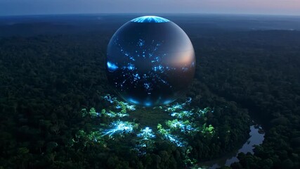 An aerial view of a futuristic orb over a forest, radiating blue energy, its light connecting with the trees. The scene is at dusk - Powered by Adobe