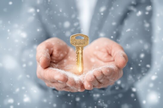 A golden key radiating light, held in snow-dusted hands, symbolizing success. - Powered by Adobe