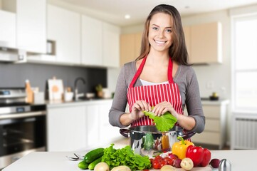 Portrait of beauty healthy woman eating and cooking food