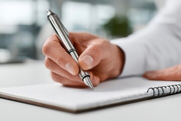 Close-up: hand writing with a classic fountain pen on a spiral notebook.