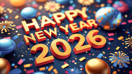 closeup of a vibrant illustration of the text Happy New Year 2026