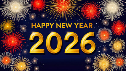 text Happy New Year 2026 set against a dark blue background with Fireworks