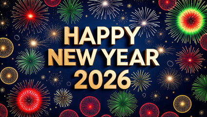 text Happy New Year 2026 set against a dark blue background with Fireworks