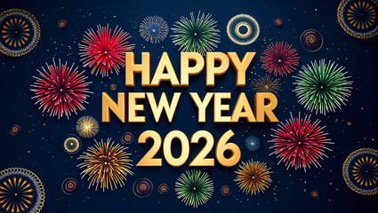text Happy New Year 2026 set against a dark blue background with Fireworks
