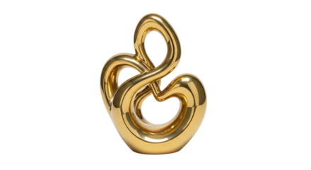 A abstract gold knot sculpture isolated on a transparent background, perfect for modern design projects. The golden metallic shape features elegant curves and a glossy finish.