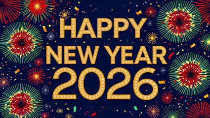 text Happy New Year 2026 set against a dark blue background with Fireworks