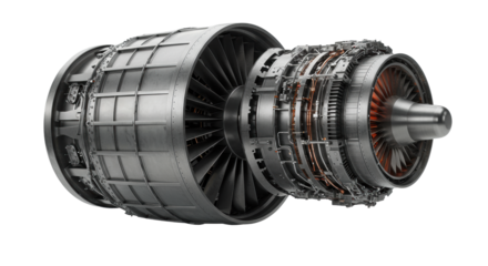 Photorealistic ultra-close-up macro of powerful jet engine core cross-section, gleaming titanium blades, intricate copper wiring, low-angle on transparent. Concept of industrial precision