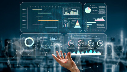 A project management dashboard with business performance analytics. A visualization of project timelines, KPIs, and company data for strategic review. Motif