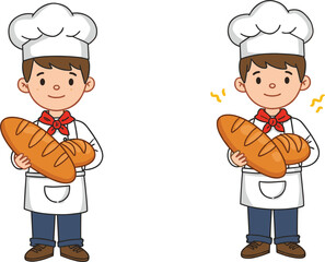 Cartoon baker character, fresh bread, chef outfit, bakery scene, warm loaf, culinary art, smiling cook, vector illustration, food icon, baking