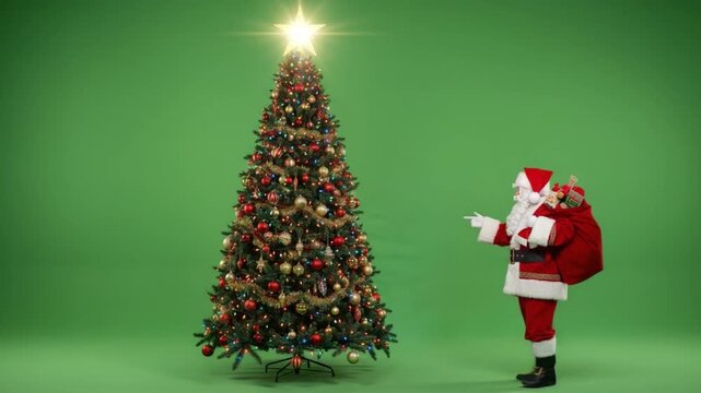 Festive Cheer with Santa: A jolly figure, clad in a red suit and a long white beard, stands beside a Christmas tree. He carries a sack laden with gifts.  A cheerful scene.