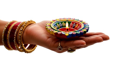 Indian woman's hand holding colorful Diya oil lamp for celebration Diwali festival, for Festival Diwali or Deepawali, The Indian festival of lights concept,  white background, copy space