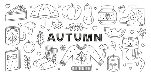 Set of cute hand drawn outline autumn icons isolated on white background. Pumpkin pie, cat, umbrella, cocoa drink, mushrooms, warm sweater, socks, book, pumpkin, apple and butternut, rubber boots, etc