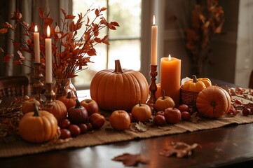 Autumnal table decor featuring pumpkins candles apples and foliage creating a warm ambiance indoors