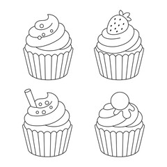 Black And White Set Illustration Of Cute Sweet Cupcake With Cream  For Kids Coloring Page.