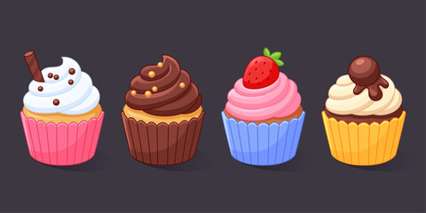Cupcakes vector set with chocolate, cookies, sprinkles. Delicious muffins collection in cartoon style.
